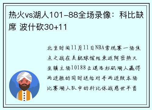 热火vs湖人101-88全场录像：科比缺席 波什砍30+11